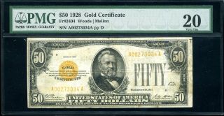 1928 $50 Gold Certificate Fr 2404 Very Fine 20 Pmg 1016104 - 003