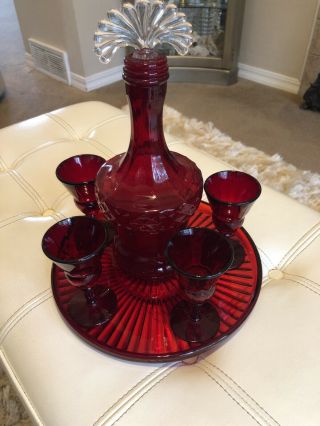Martinsville Glass Co “lady Astor” Ruby Red Glass Cordial Set.  7 Pc Set