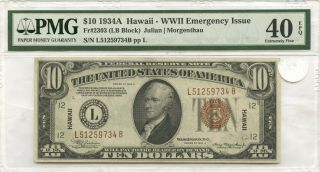 1934a Ten Dollar $10 Hawaii Wwii Emergency Issue Xf40