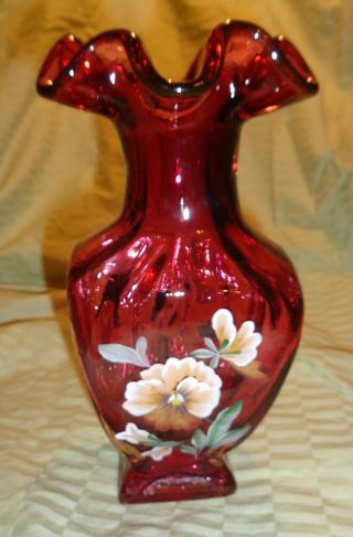 Fenton 8 " Cranberry Vase Hp By C.  Shaffer (119) (7f)