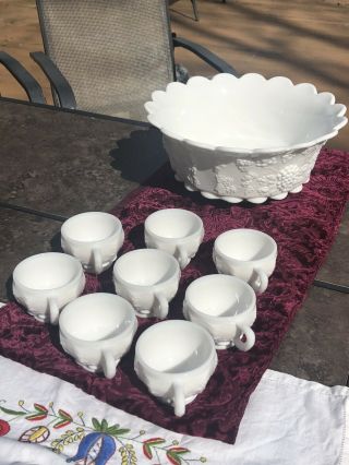 Westmoreland Paneled Grape Milk Glass Punch Bowl And 8 Cups