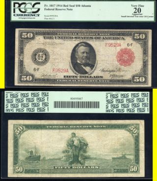 1914 $50.  00 Red Seal Federal Reserve Note - Pcgs Vf20 Small Tear - Atlanta