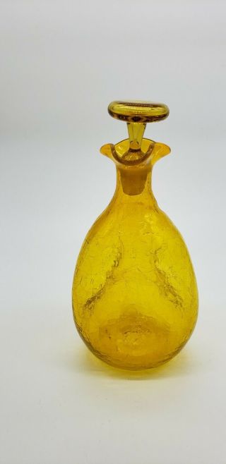 Blenko Handblown Mcm Jonquil Yellow Crackle Art Glass Pinched Decanter Bottle