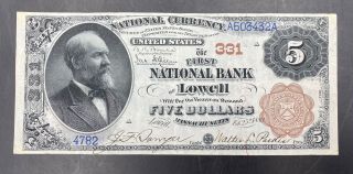 1882 United States $5 Brown Back National Bank Currency Of Lowell Mass 331 Note
