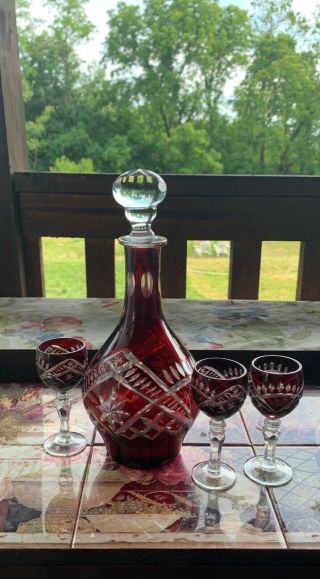 Crystal Bohemian Czech Cut - To - Clear Ruby Starburst Decanter And Cordial Glasses