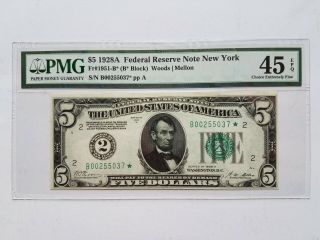 1928 A $5 Federal Reserve Star Note Ny - Pmg 45 Epq Choice Xf - Ships