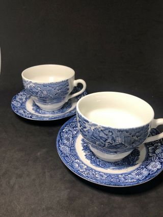 2 Liberty Blue Tea Cups & Saucers England Paul Revere & Old North Church 9f