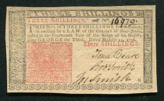Nj - 177 March 25,  1776 3s Three Shillings Jersey Colonial Currency Note Au