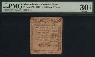 Ma - 274 " Engraved & Printed By Paul Revere " Pmg Vf30 4s8d 1779 Massachusetts