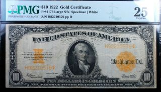 1922 $10 Gold Certificate Fr 1173 Large S/n Pmg Very Fine 25 Bright Orange Back