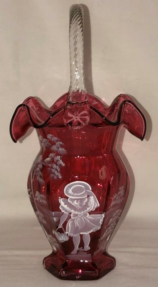 Fenton Mary Gregory Girl W/hat Cranberry 11 " Basket