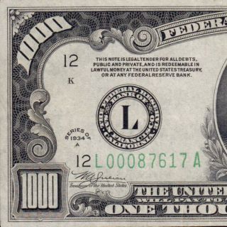 Gorgeous San Francisco 1934a $1000 One Thousand Dollar Bill Fr.  2212 - L L00087617a