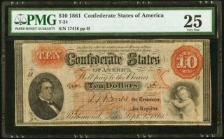 1861,  T - 24 $10 Confederate Note,  Pmg 25