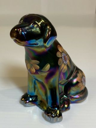 Fenton Un 5085 Cobalt Blue Carnival Glass Hand Painted Labrador Signed Daisies