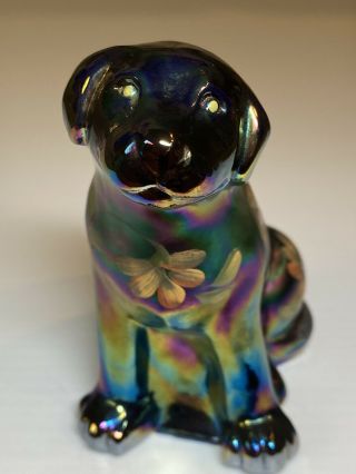 Fenton UN 5085 Cobalt Blue Carnival Glass Hand Painted Labrador Signed Daisies 2