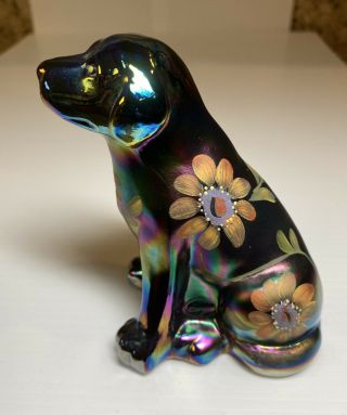Fenton UN 5085 Cobalt Blue Carnival Glass Hand Painted Labrador Signed Daisies 3