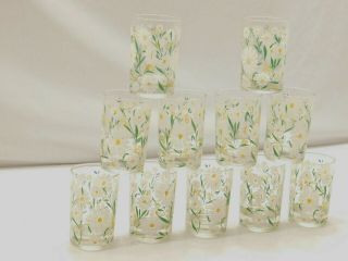 Set Of 11 Libbey West Virginia Glass Green White Daisy Juice Glasses Handpainted