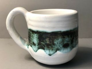 Hand Thrown Studio Artist Coffee Cup Mug Signed Glazed Green,  White