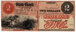 1859 - 1860s State Bank Of Michigan Detroit $2 Two Dollars Public Stock Remainder