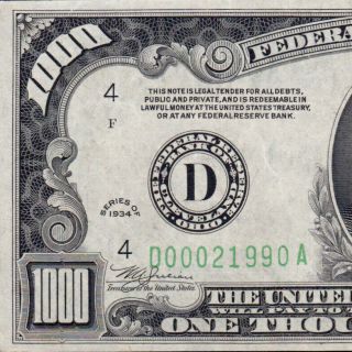Cleveland Au 1934 $1000 One Thousand Dollar Bill Fr.  2211 D00021990a