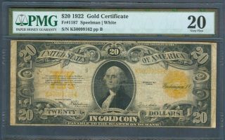 $20 Gold Certificate Series 1922,  Pmg Very Fine 20