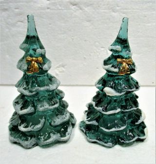 2 Fenton Christmas Trees With Snow And Metal Golden Ribbon Bows