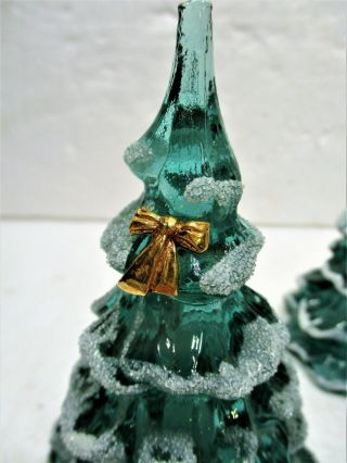 2 FENTON CHRISTMAS TREES WITH SNOW AND METAL GOLDEN RIBBON BOWS 2