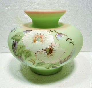 Fenton Lotus Mist Burmese Glass Low Broad Large Vase,  Ltd.  Ed,  Floral Signed