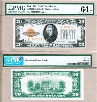1928 $20 United States Gold Certificate Fr.  2402.  Pmg Choice Unc64 Epq