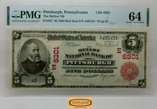 Fr.  587 $5 1902 Red Seal Pittsburgh,  Pa National Currency Ch6301,  Pmg Cu64 - 18691
