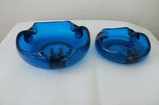 2 Viking Mid - Century Modern Blue Crackle Glass Ashtrays 1 - 7 " And 1 - 10 "