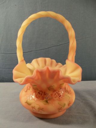Fenton Hand Painted Burmese Glass Basket W/ Diamond Optic Pattern Pink Roses 2