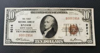 1929 $10 First National Bank Of Ryder,  North Dakota National Currency Ch.  9214