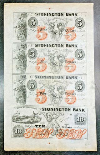 1800s Stonington Bank Connecticut Uncut Sheet Of Four $5 Notes