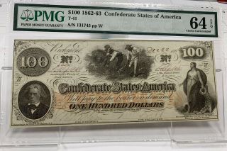 T - 41 December 22,  1862 $100 Confederate Paper Money - Pmg Choice Unc 64 Epq