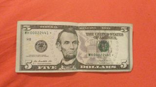 2013 $5 Five Dollar Bill Very Low Serial Number Star Note Mh00022441 Lincoln