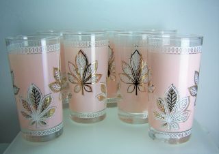 7 Vintage Mid Century Pink White Gold Leaves Hi Ball Glasses Tumblers 1950s