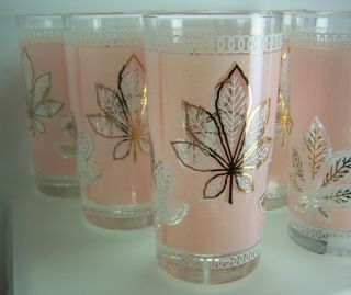 7 Vintage Mid Century Pink White Gold Leaves Hi Ball Glasses Tumblers 1950s 2