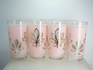 7 Vintage Mid Century Pink White Gold Leaves Hi Ball Glasses Tumblers 1950s 3