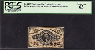 Us 10¢ Fractional Currency Note 3rd Issue Red Back Fr 1253 Pcgs 63 Ch Cu
