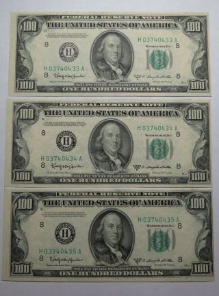 3 $100 1950d Consecutive Serial Number Federal Reserve Bank Note Bills Crisp Unc