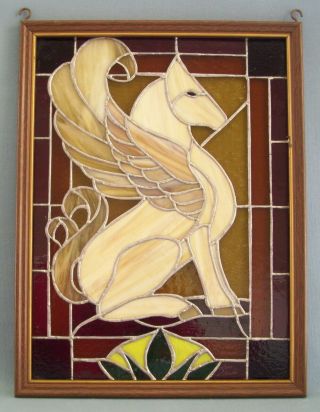 Vintage Stained Glass Panel Pegasus Sun Catcher 16 " Leaded Framed Winged Horse