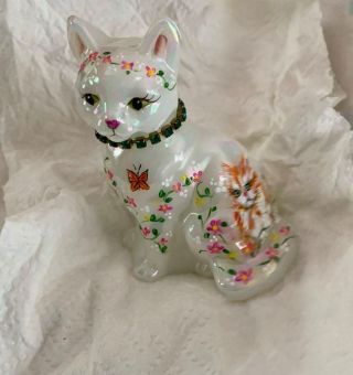 Fenton Glass Orange& White Cat & Butterfly Floral Mother Of Pearl Ooak Rachelle