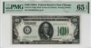 1928 A $100 Federal Reserve Note Chicago Fr.  2151 - Gdgs Pmg Gem Unc 65 Epq (338a)