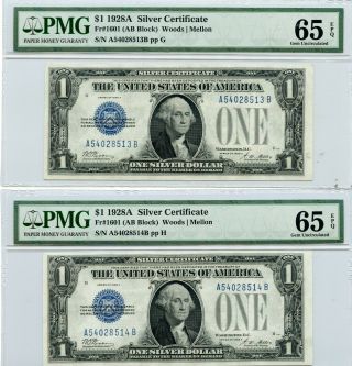 (2) 1928 A $1 Silver Certificate Pmg 65 Epq Consecutive Serial Numbers