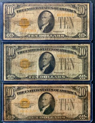 (3) Series 1928 $10 Gold Certificates
