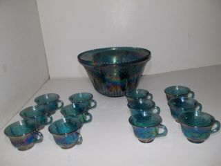 Indiana Harvest Grape Style Carnival Glass Set Of Punch Bowl And 12 Cups.
