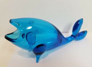 Vintage MCM Blue Blenko Glass FISH Open Mouth Mid Century Modern 2