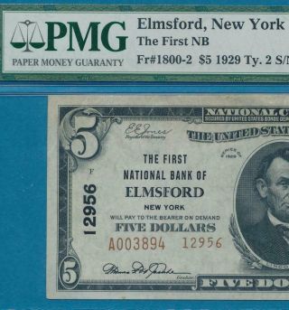 $5.  00 1929 - Ii The First N.  B.  Of Elmsford York Chart.  12956 Pmg Au58
