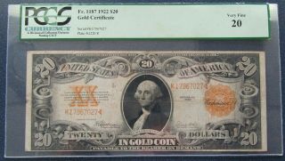 1922 $20 Us Gold Certificate Large Note,  Fr 1187 S/n K17967027 - Pcgs Vf20